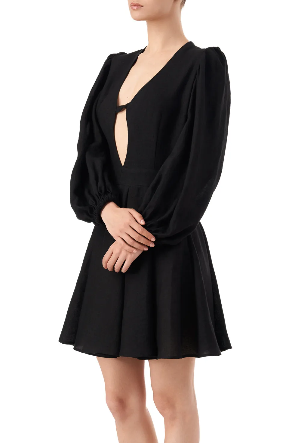 Vivien black linen bow detailed mini dress