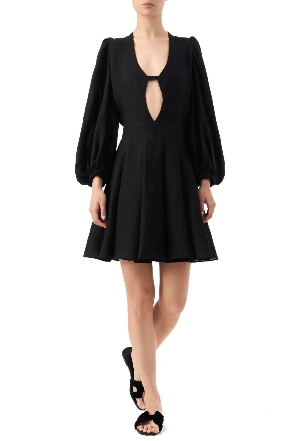 Vivien black linen bow detailed mini dress