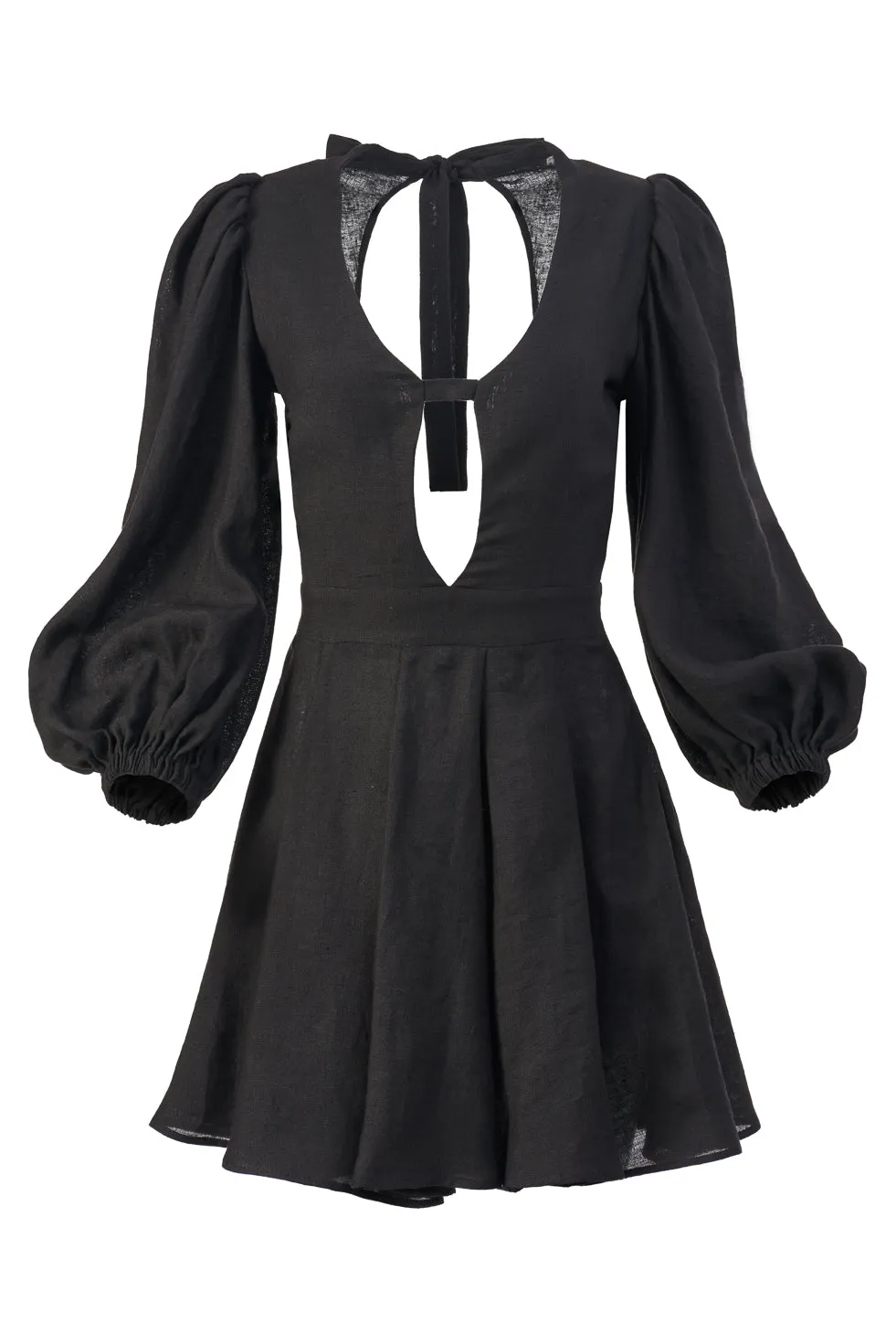 Vivien black linen bow detailed mini dress