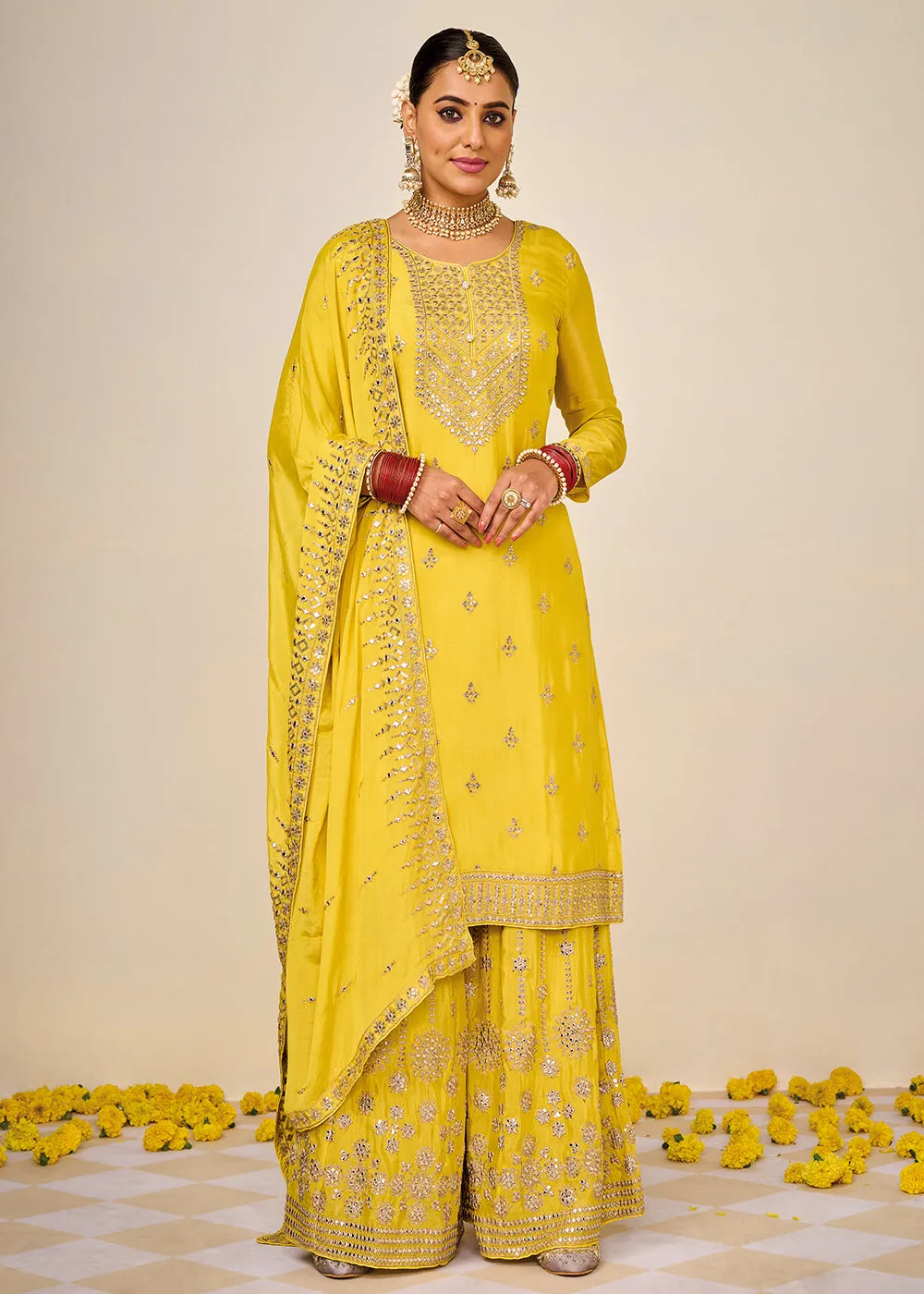 Wedding Festival Yellow Embroidered Palazzo Salwar Suit