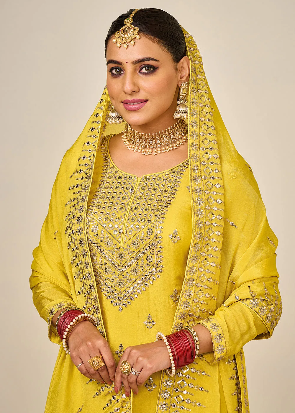 Wedding Festival Yellow Embroidered Palazzo Salwar Suit