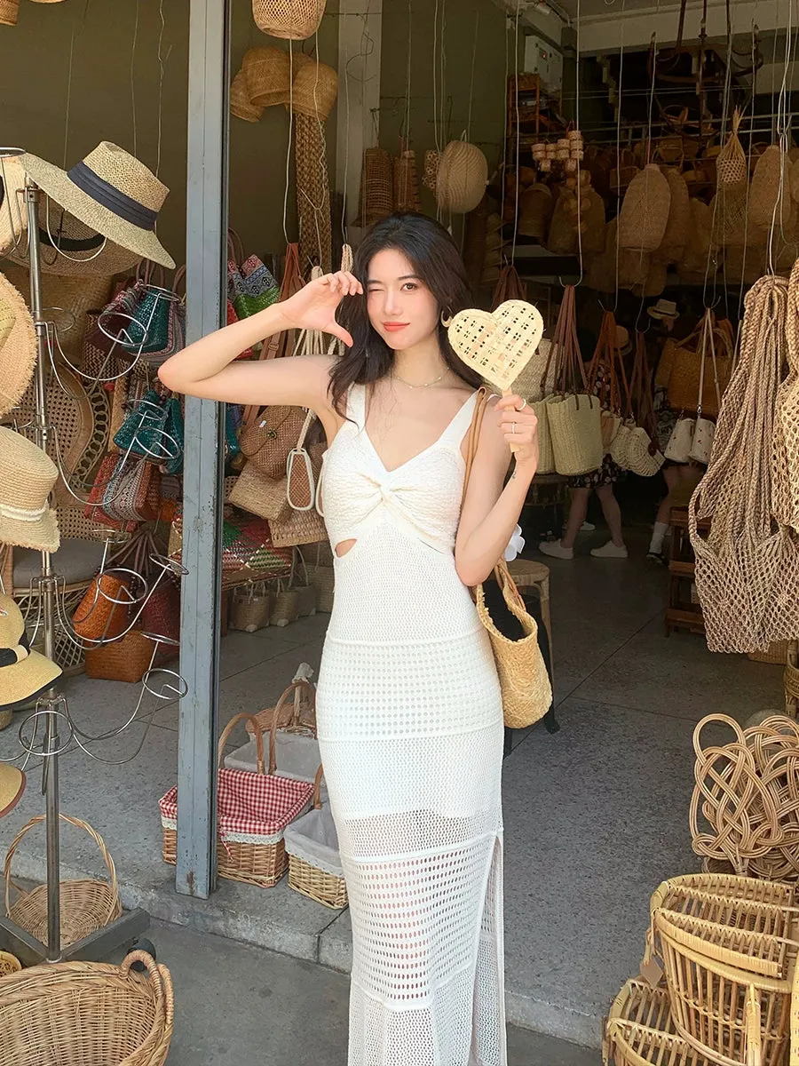 White French v-neck knitted slit suspender women's summer dress     S5729