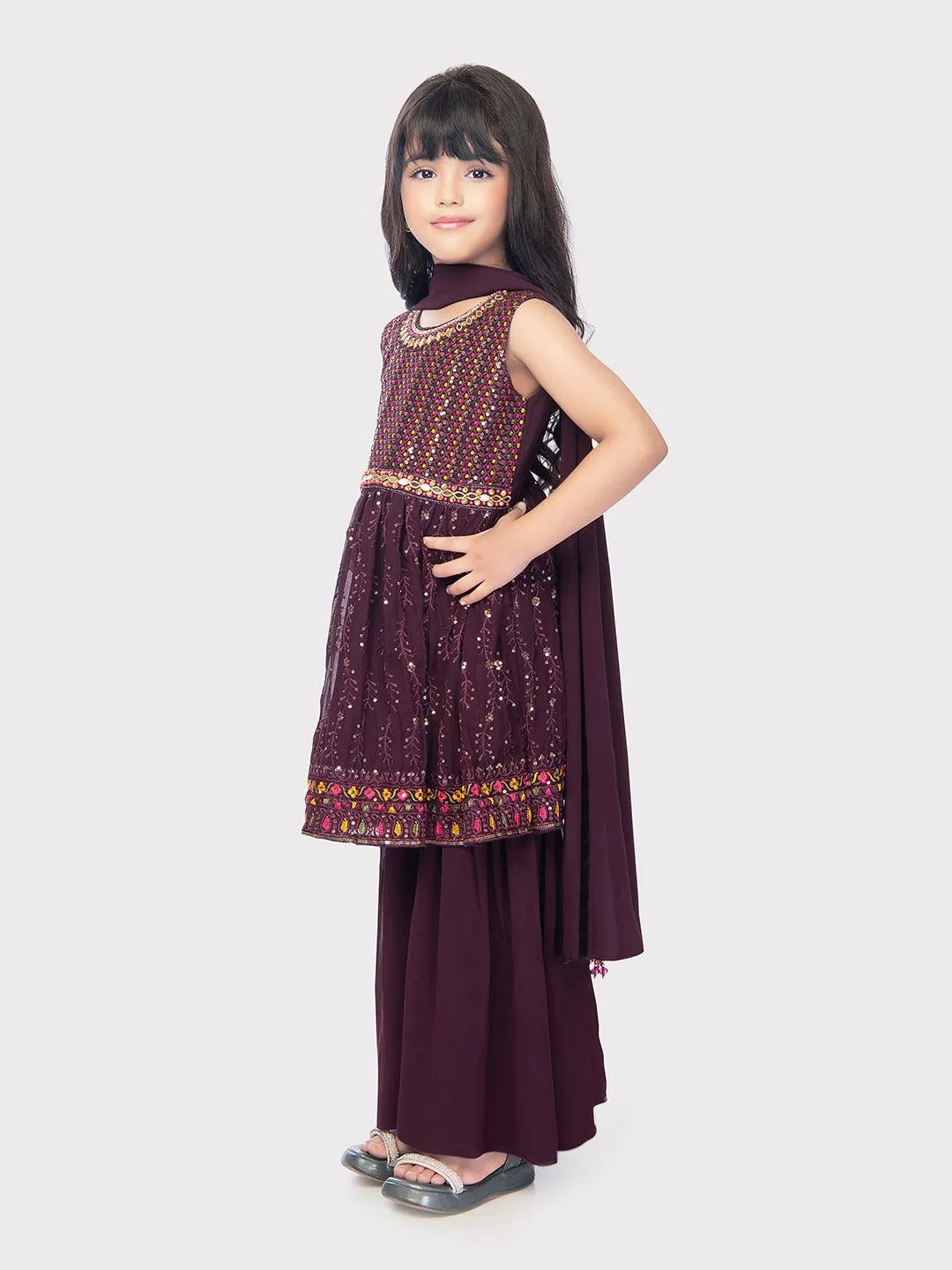 Wine Coloured Embroidered Kurta with Palazzo and Dupatta \Fancy Gharara And Sharara For Girls Online / Palazzo Sets