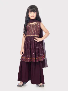 Wine Coloured Embroidered Kurta with Palazzo and Dupatta \Fancy Gharara And Sharara For Girls Online / Palazzo Sets