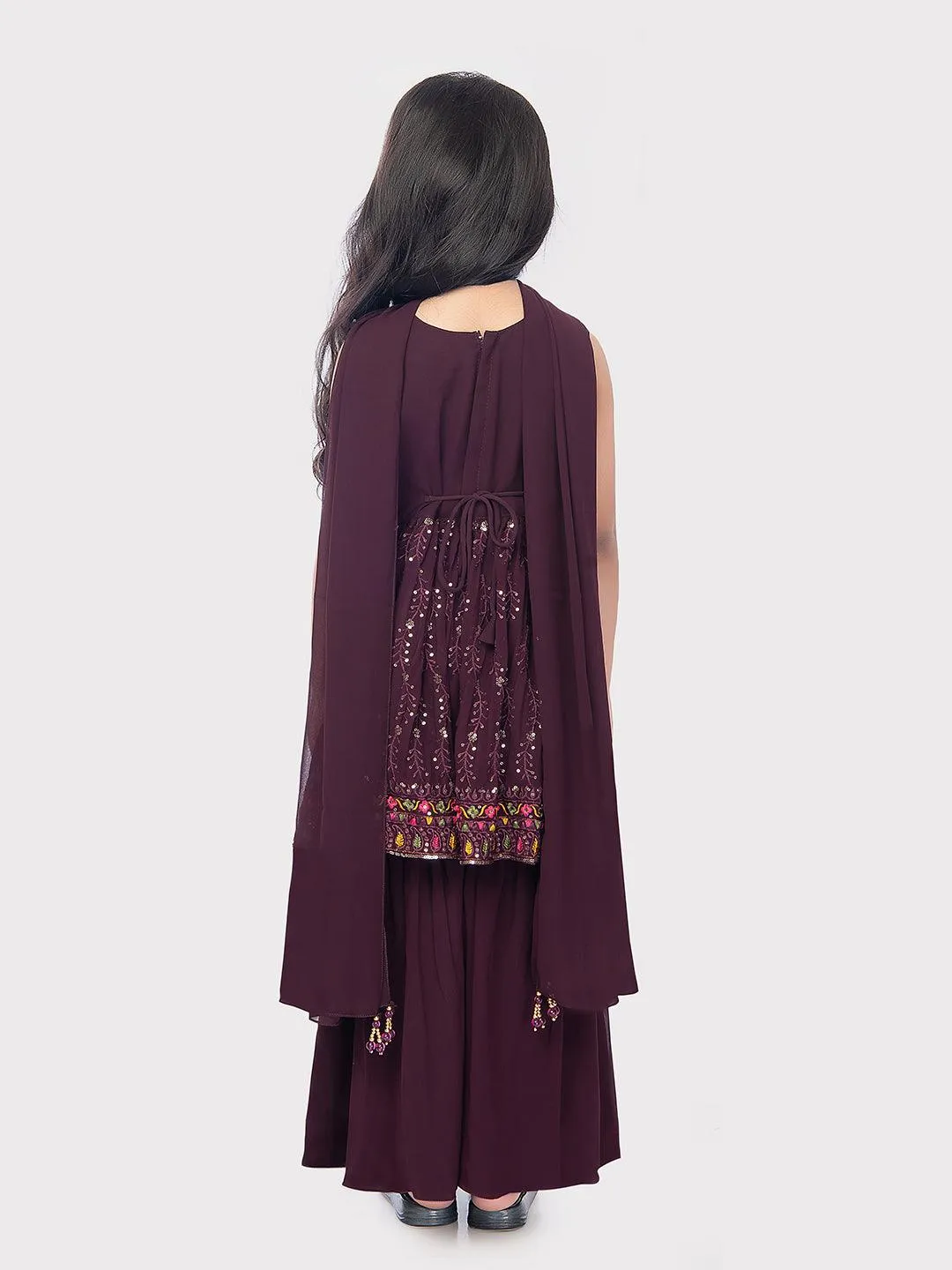 Wine Coloured Embroidered Kurta with Palazzo and Dupatta \Fancy Gharara And Sharara For Girls Online / Palazzo Sets