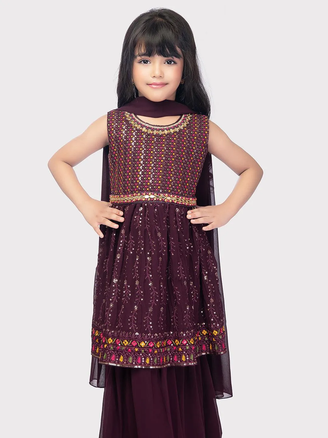 Wine Coloured Embroidered Kurta with Palazzo and Dupatta \Fancy Gharara And Sharara For Girls Online / Palazzo Sets