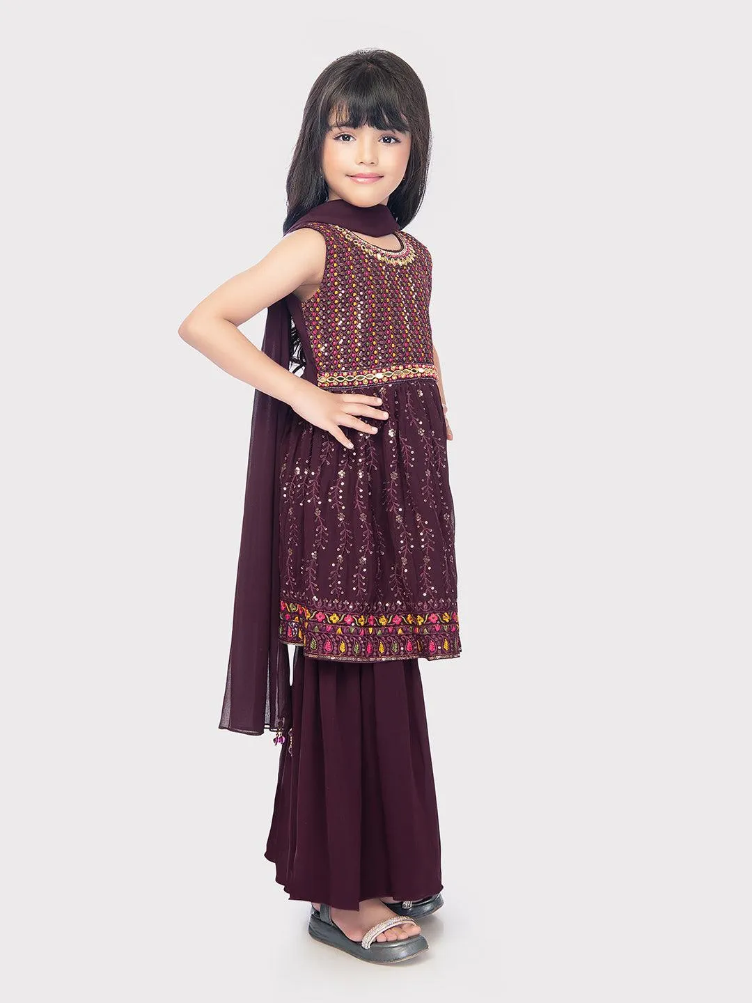 Wine Coloured Embroidered Kurta with Palazzo and Dupatta \Fancy Gharara And Sharara For Girls Online / Palazzo Sets