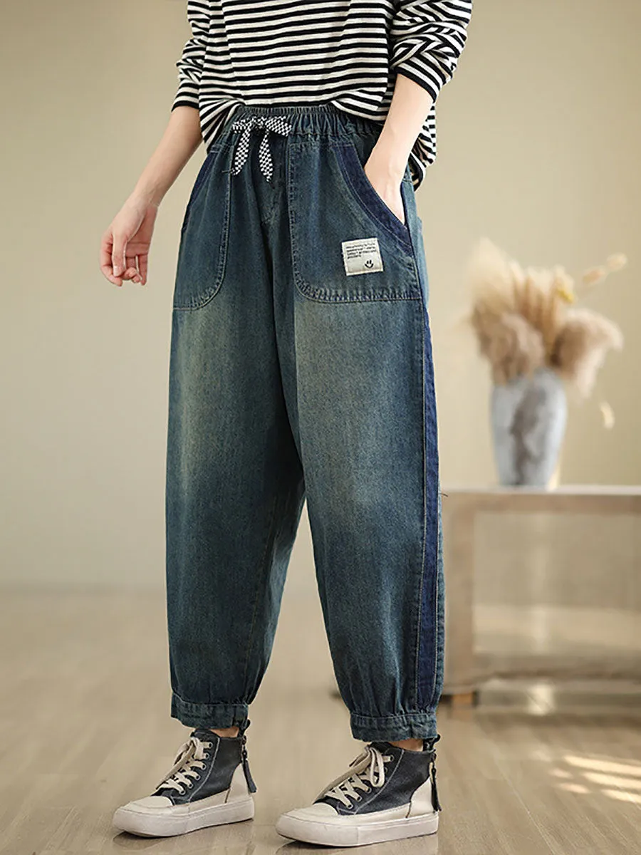 Women Casual Pockets Washed Denim Harem Pants AT1003