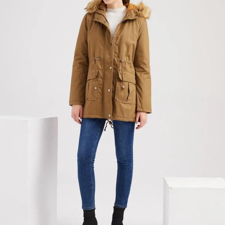 Women zipper pocket winter warm faux fur hooded parka coat