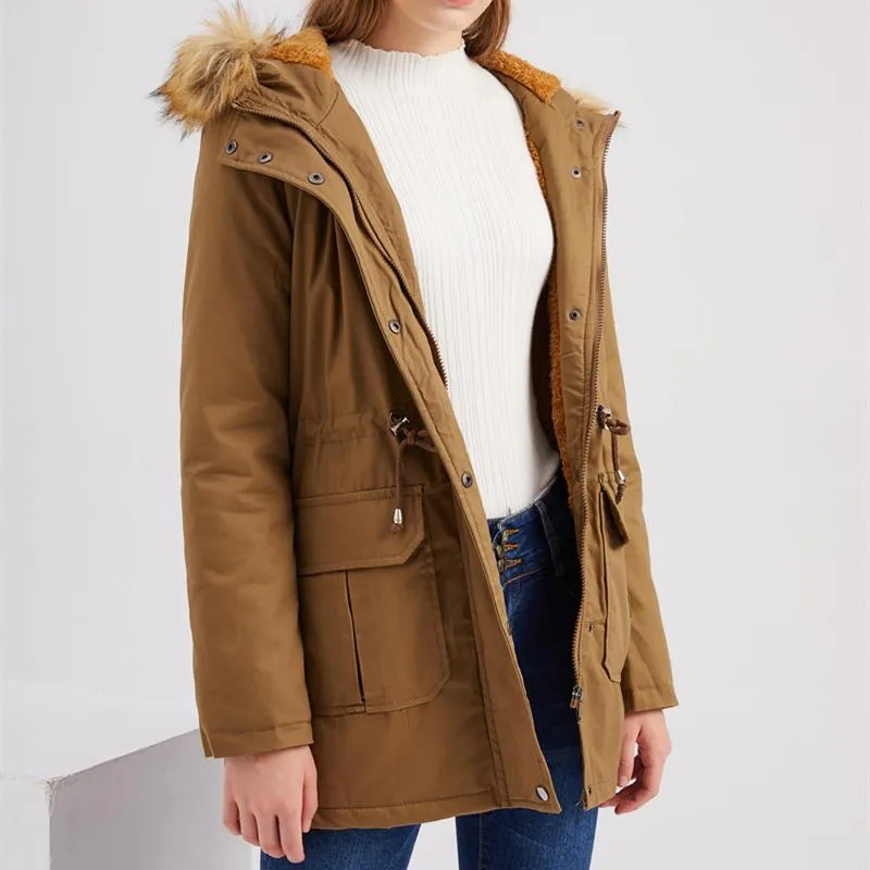 Women zipper pocket winter warm faux fur hooded parka coat