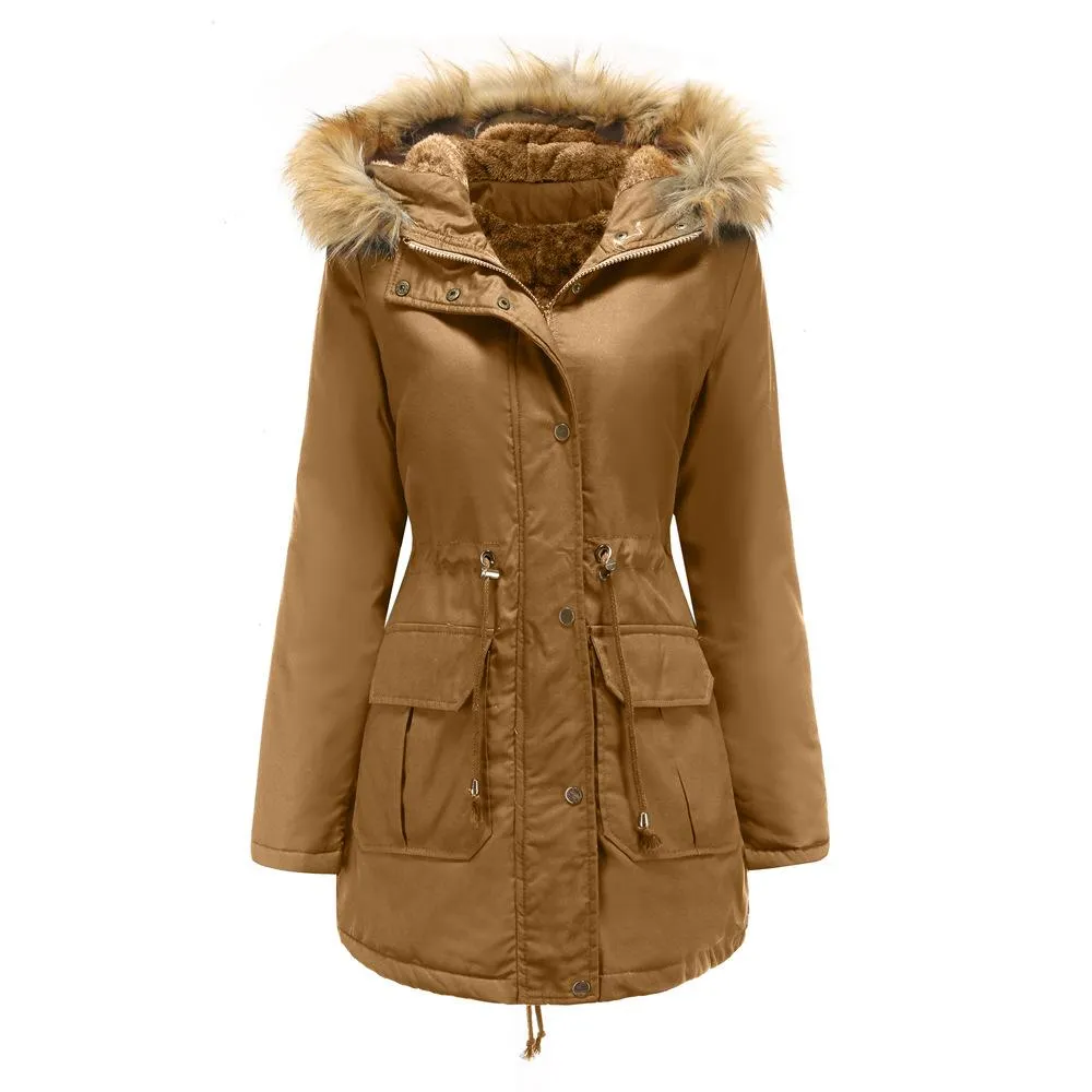 Women zipper pocket winter warm faux fur hooded parka coat