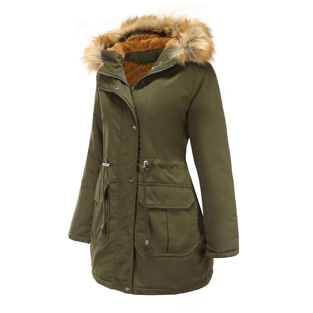 Women zipper pocket winter warm faux fur hooded parka coat