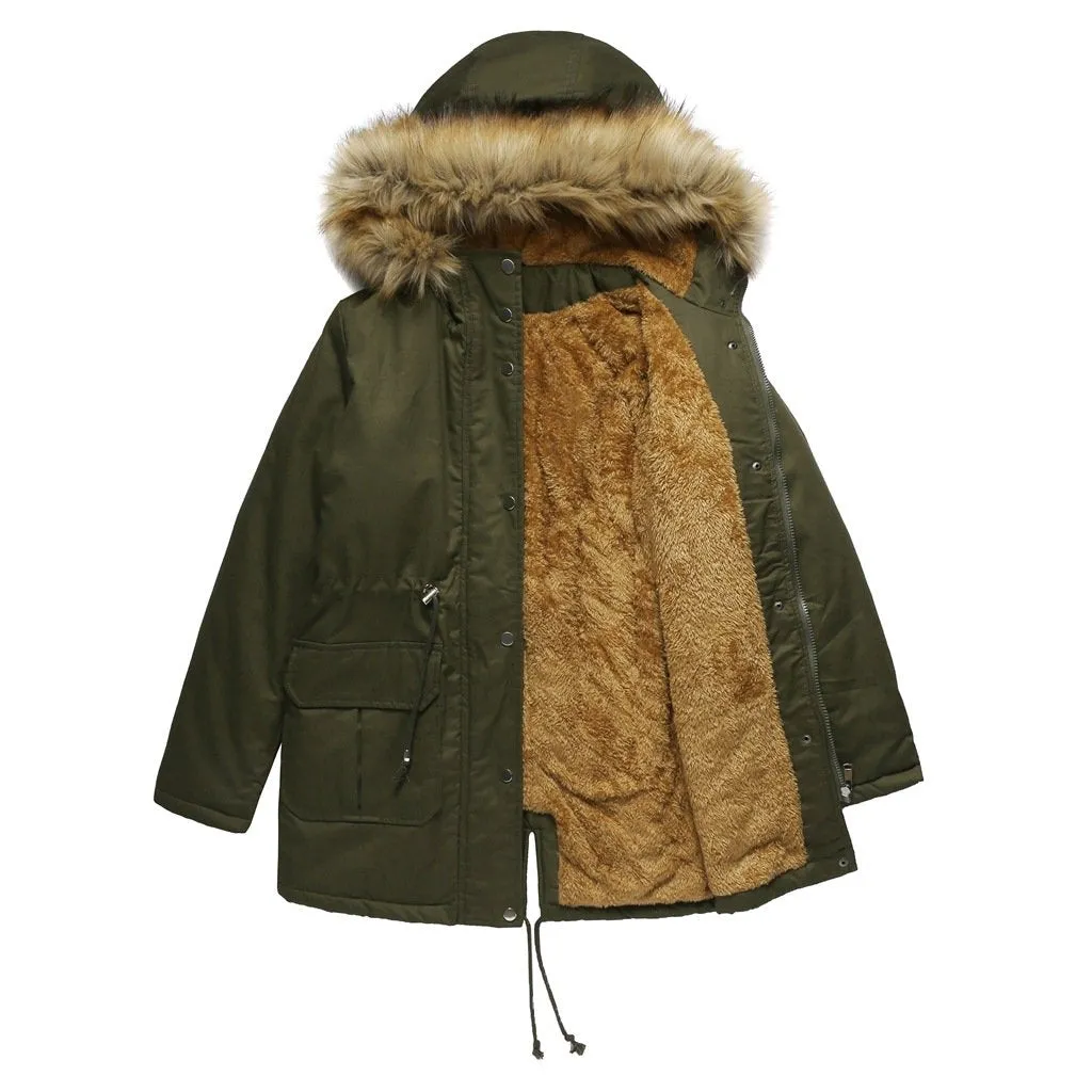 Women zipper pocket winter warm faux fur hooded parka coat