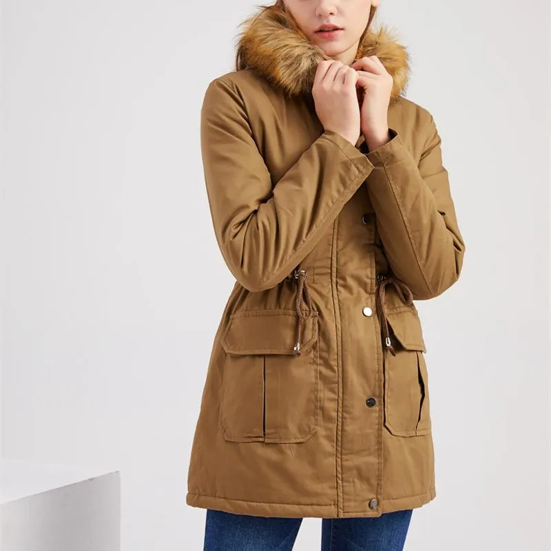 Women zipper pocket winter warm faux fur hooded parka coat