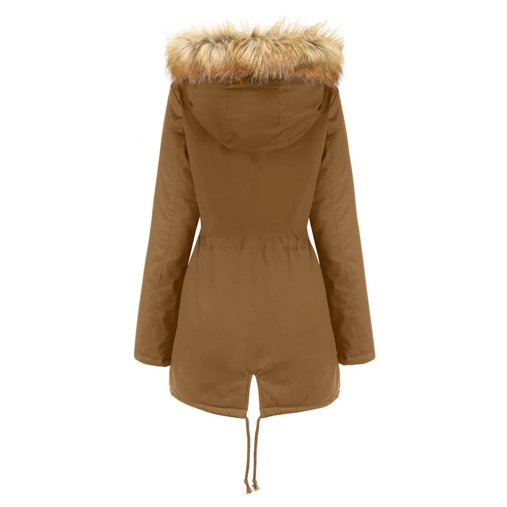 Women zipper pocket winter warm faux fur hooded parka coat