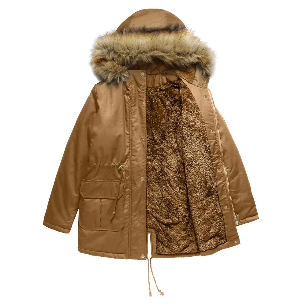 Women zipper pocket winter warm faux fur hooded parka coat