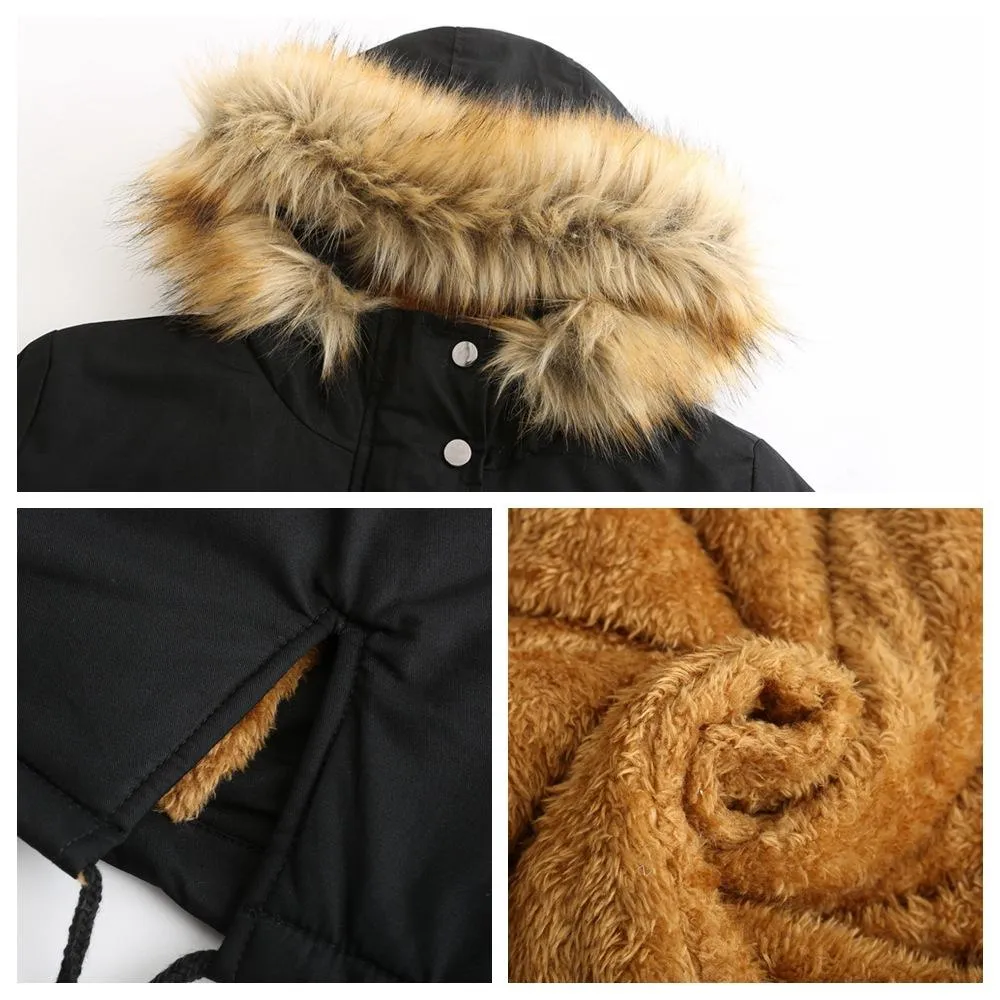 Women zipper pocket winter warm faux fur hooded parka coat