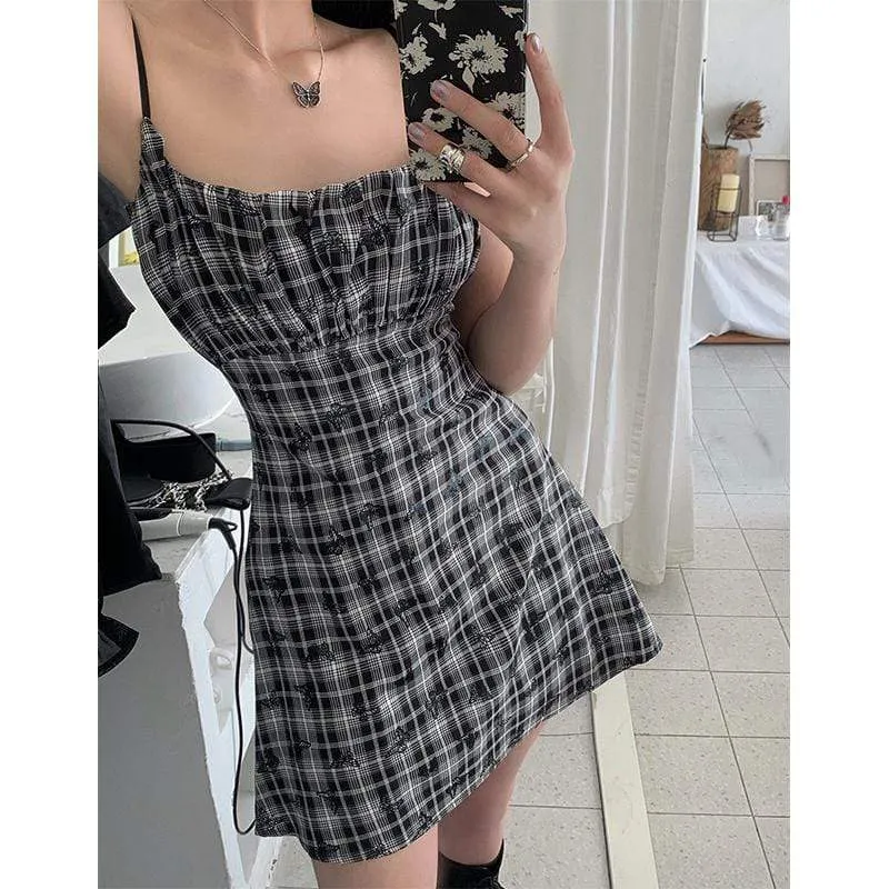 Women's Grunge Butterfly Plaid Ruffles Slip Dresses