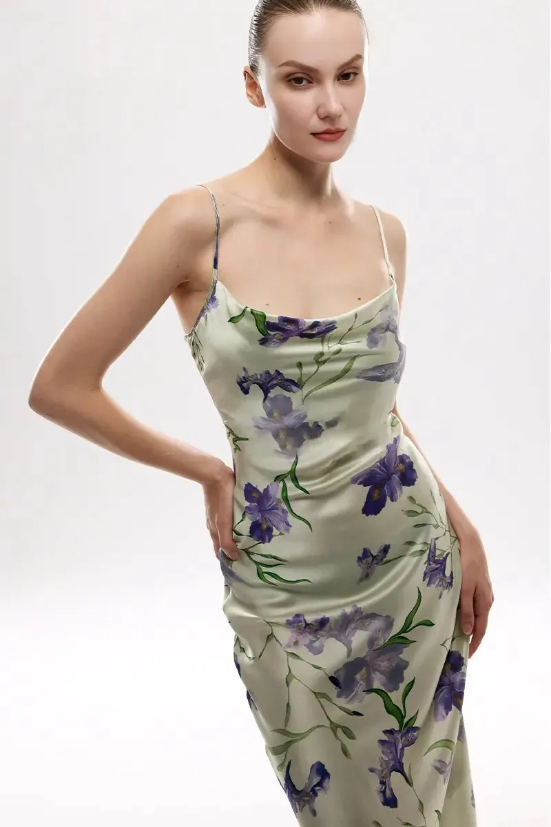 Women's Mulberry Silk Swing Neckline Floral Printed Slip Dress