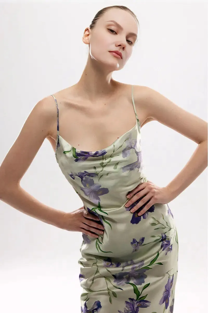 Women's Mulberry Silk Swing Neckline Floral Printed Slip Dress