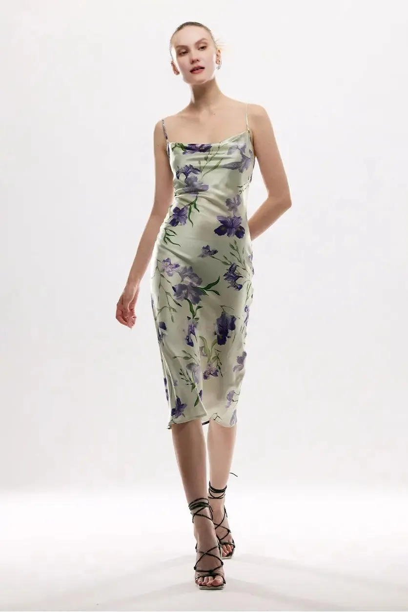 Women's Mulberry Silk Swing Neckline Floral Printed Slip Dress