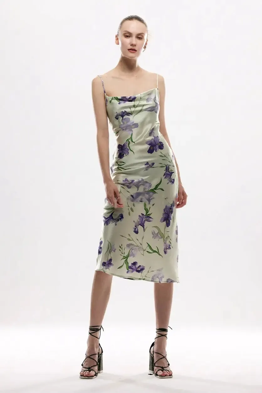 Women's Mulberry Silk Swing Neckline Floral Printed Slip Dress