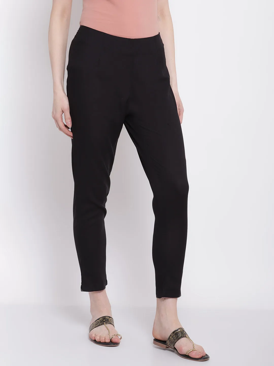 Women's Regular Slim Fit Black Flat Front Mid rise Ethnic Pant