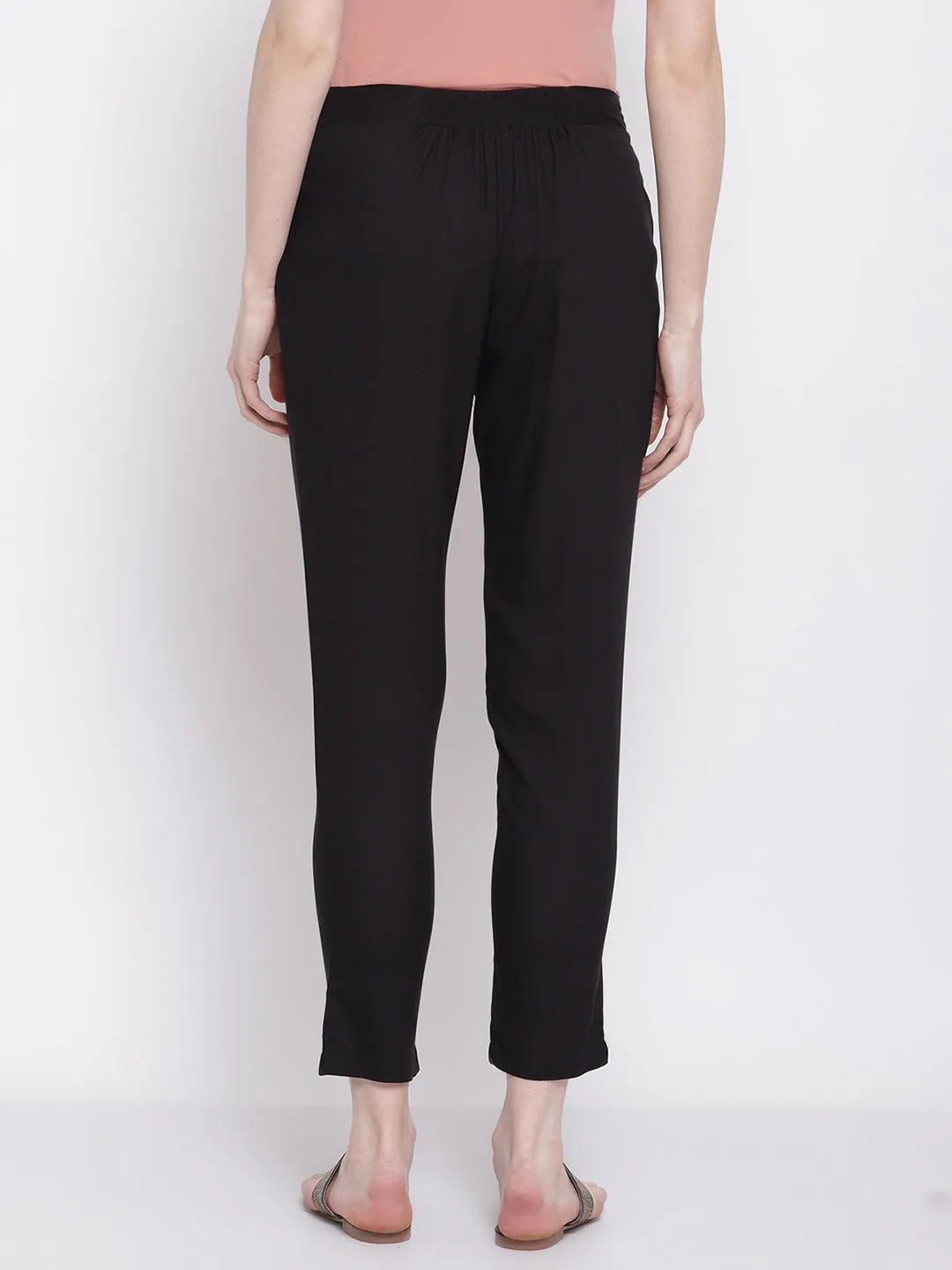 Women's Regular Slim Fit Black Flat Front Mid rise Ethnic Pant