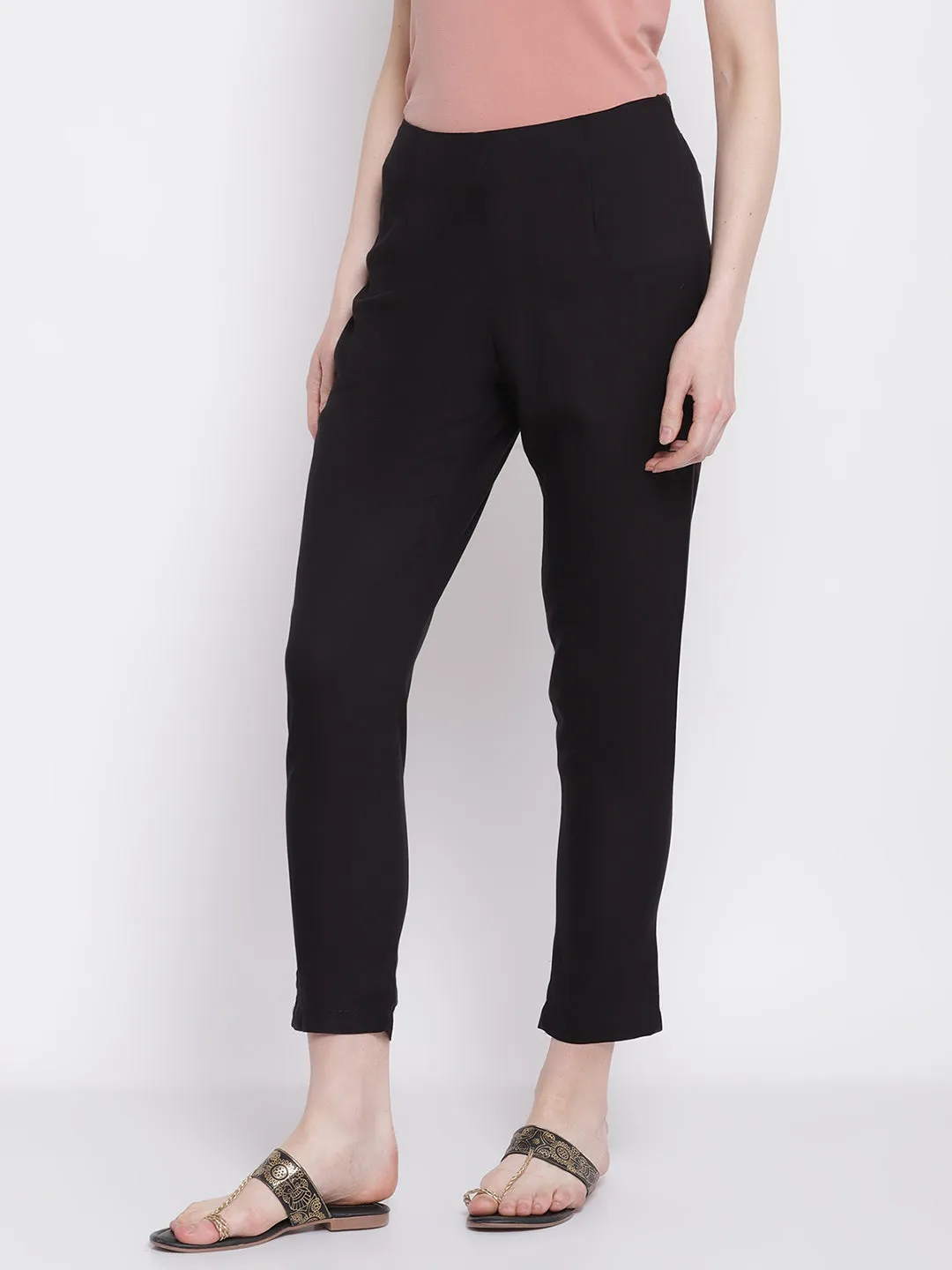 Women's Regular Slim Fit Black Flat Front Mid rise Ethnic Pant