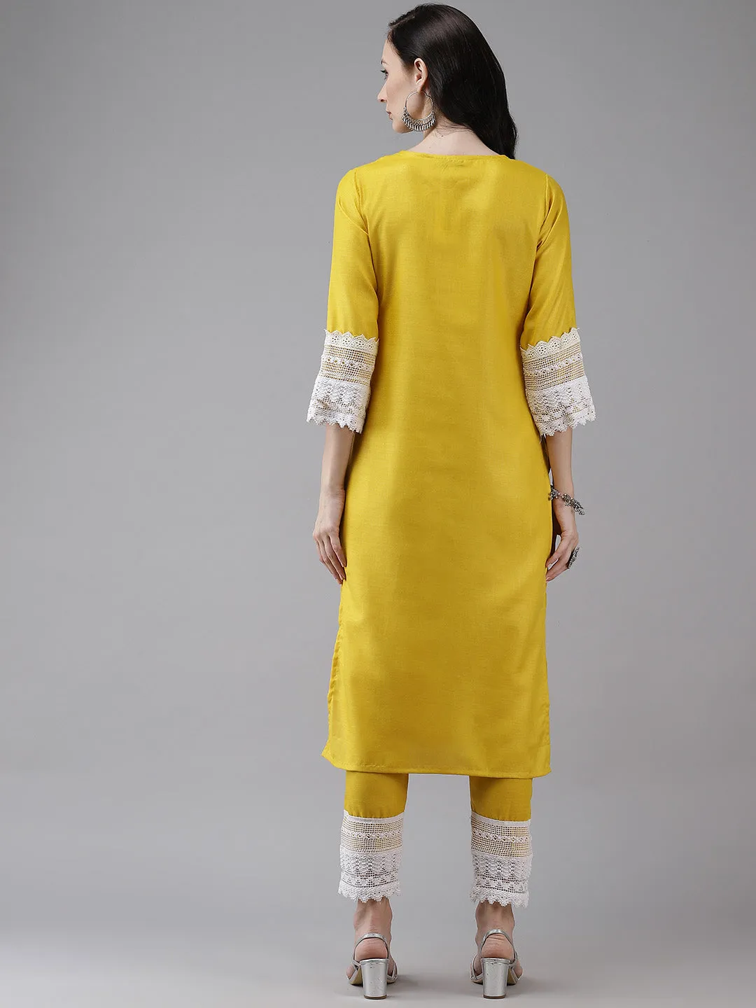 Yellow Solid Kurta & Trousers With Lace Insert Detail