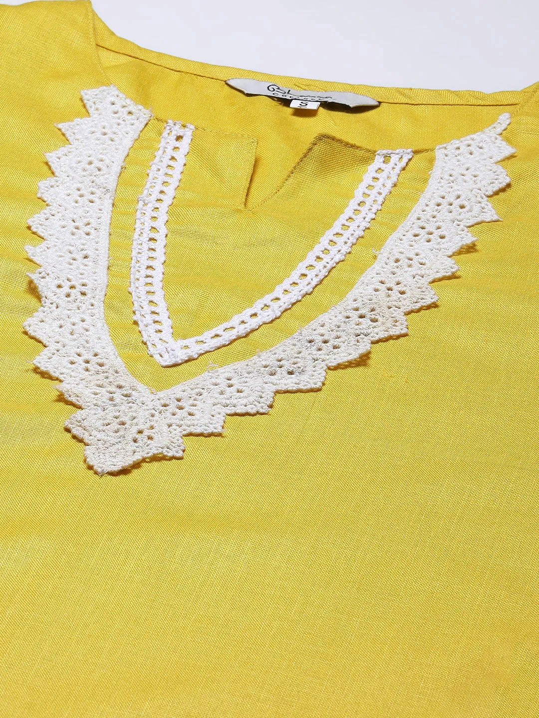 Yellow Solid Kurta & Trousers With Lace Insert Detail