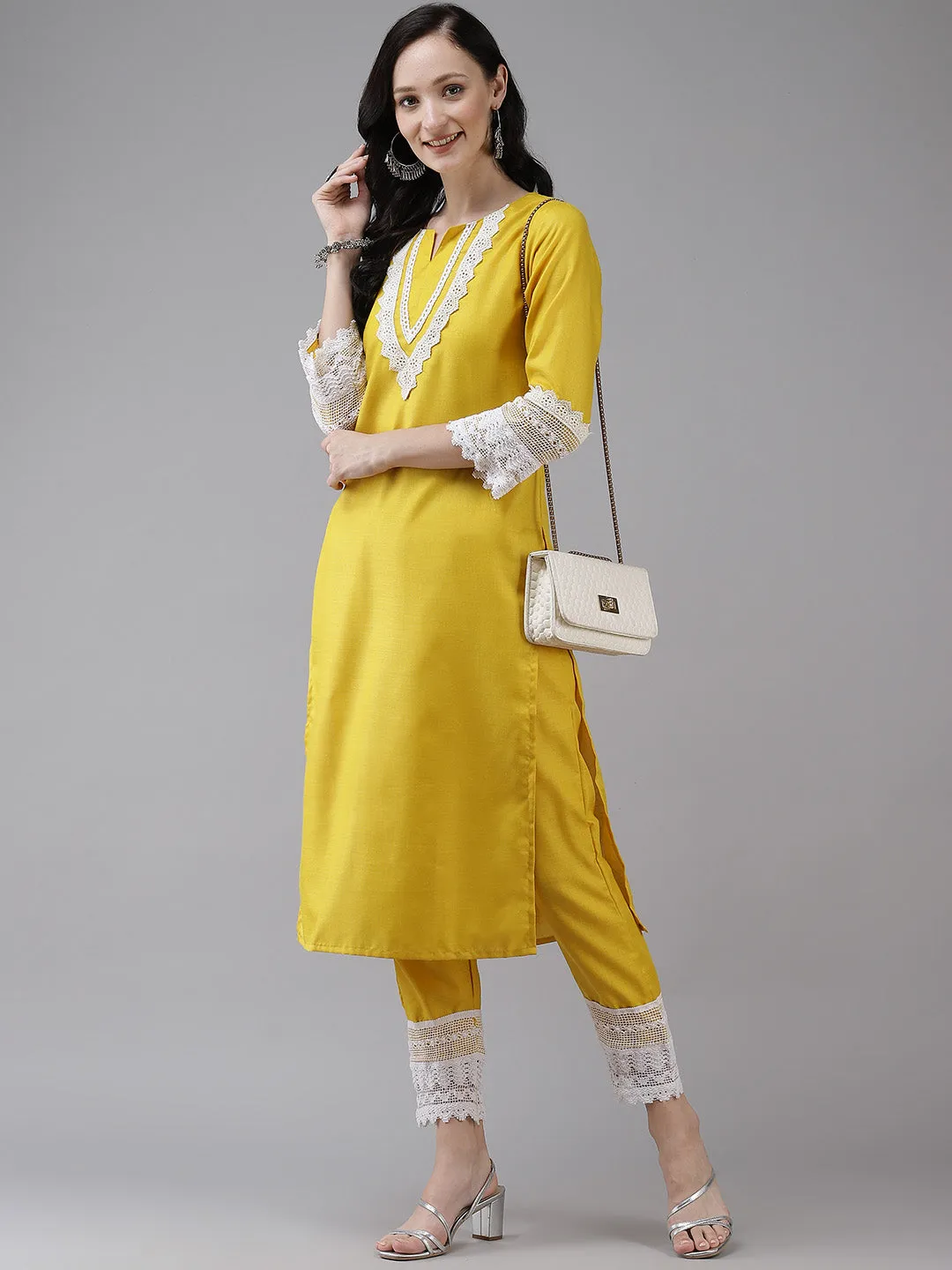 Yellow Solid Kurta & Trousers With Lace Insert Detail